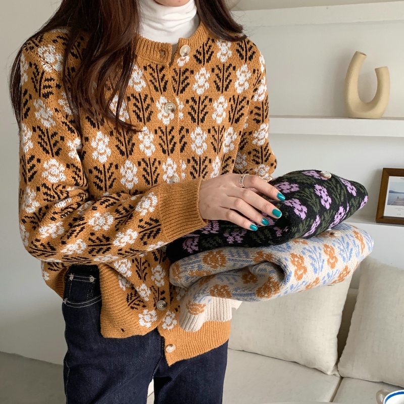Áo khoác sweater cardigan cổ tròn họa tiết hoa phong cách phương Tây cho nữ