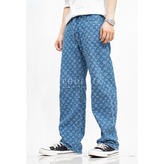 Quần jean nam ống rộng unisex thêu họa tiết lv 3 sao, lv chữ spo, quần lv nam, nữ - hàng cao cấp