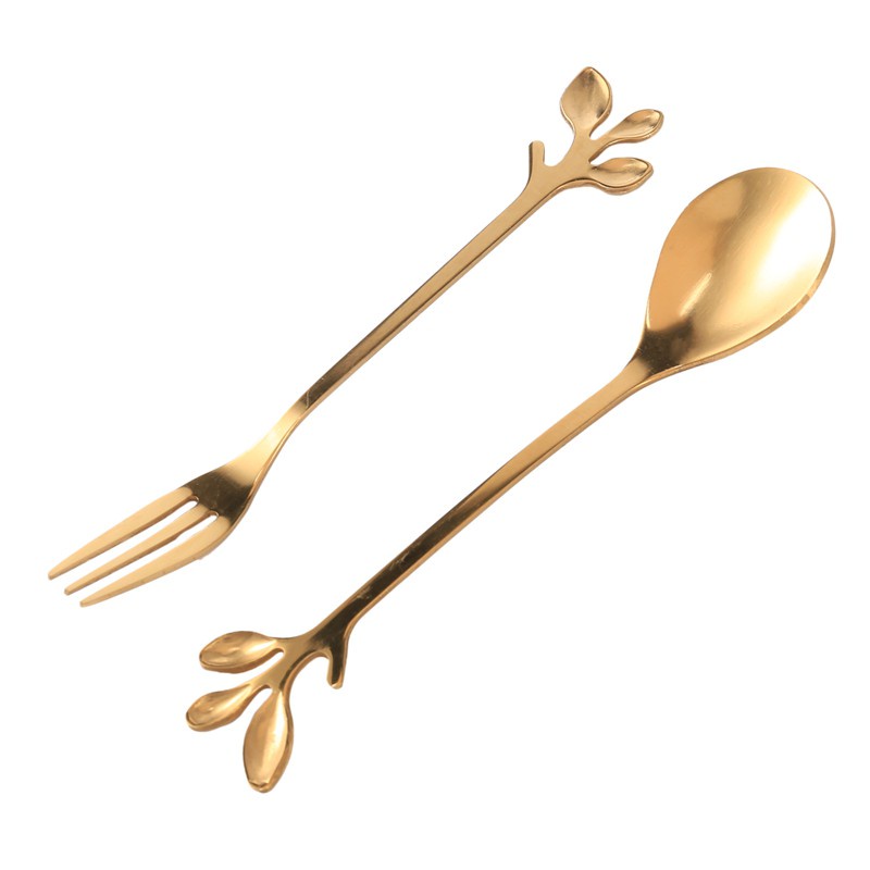 Tableware Gold Leaf Coffee Spoon Fork,4 Pack(2 Spoons 2 Forks) Little Demitasse Espresso Spoon and Appetizer Dessert Forks Set,4.7 Inches Tea Spoon Set