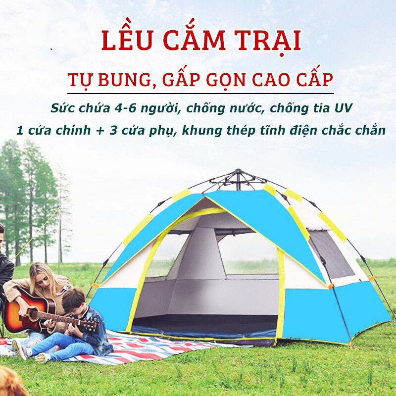 Lều cắm trại tự bung, lều phượt du lịch tự bung dành cho 4-6 người, chống nước, tia bức xạ, thông gió 2 chiều 3 CỬA