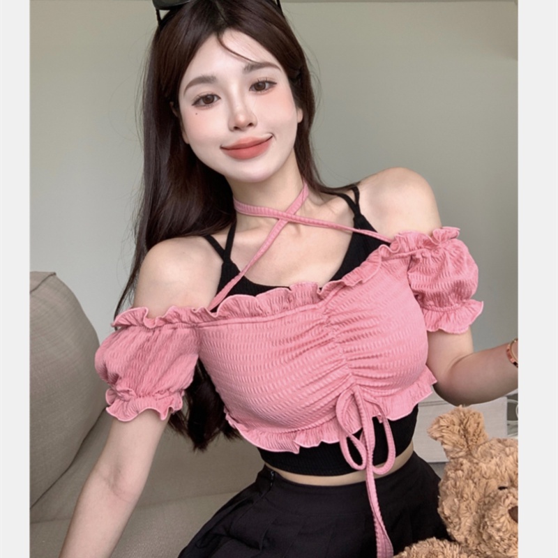 Áo Nữ Trễ Vai Tay Ngắn Phối Màu Thời Trang