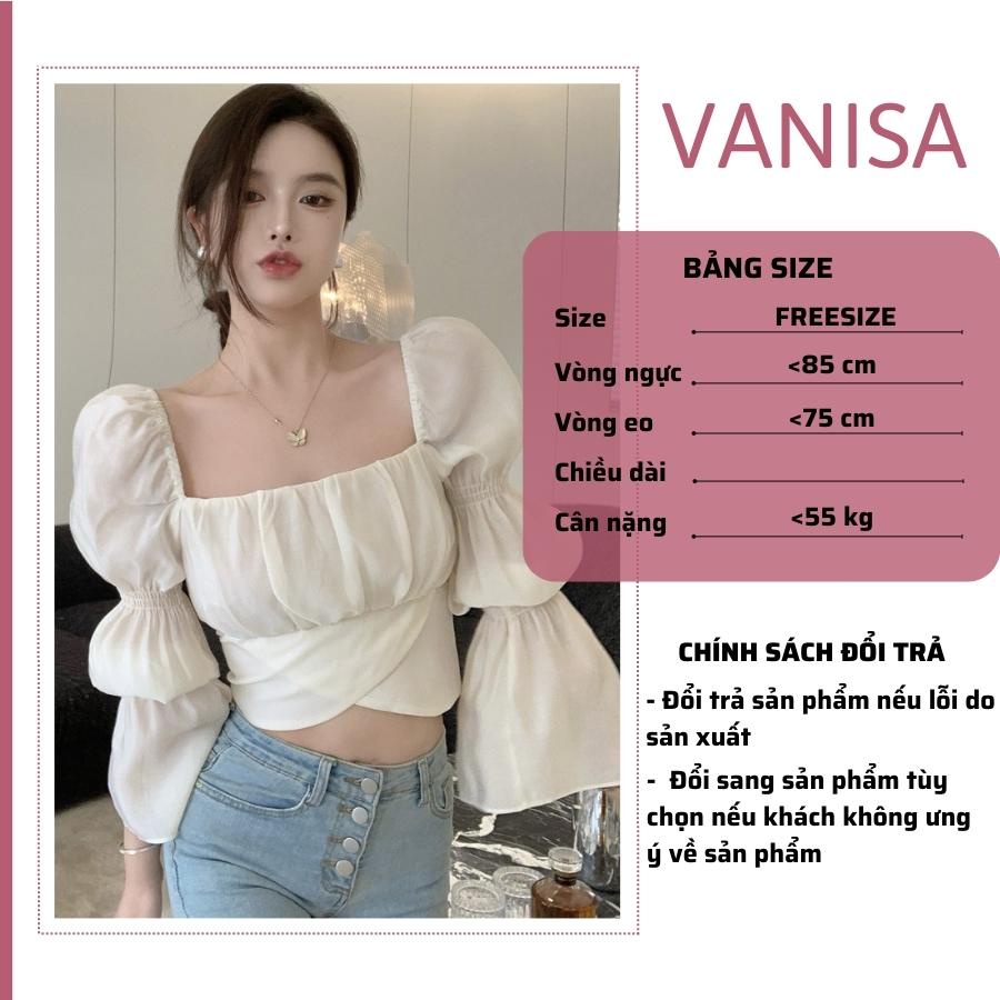 Áo kiểu bẹt vai chéo tà phối dây nơ cột sau tay dài có mod ngực VANISA CT040