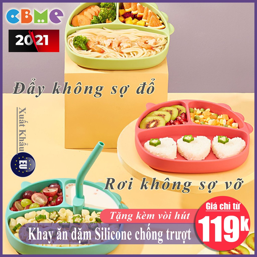 Khay ăn dặm Silicone Beedol cao cấp cho bé có đế hút chân không chống đổ, tặng kèm vòi hút