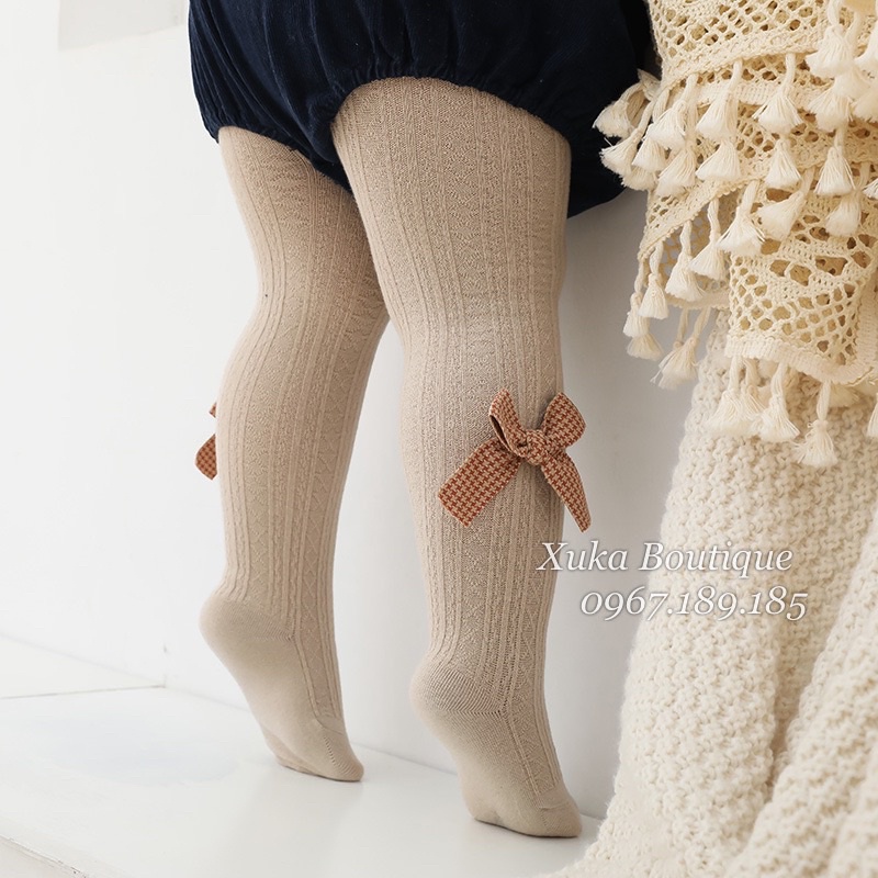 Quần Tất Cho Bé - Quần Tất Gắn Nơ LARVAKELLY cotton co giãn tốt từ 3 tháng - 8 tuổi , Tất trơn gân gắn nơ nhiều màu