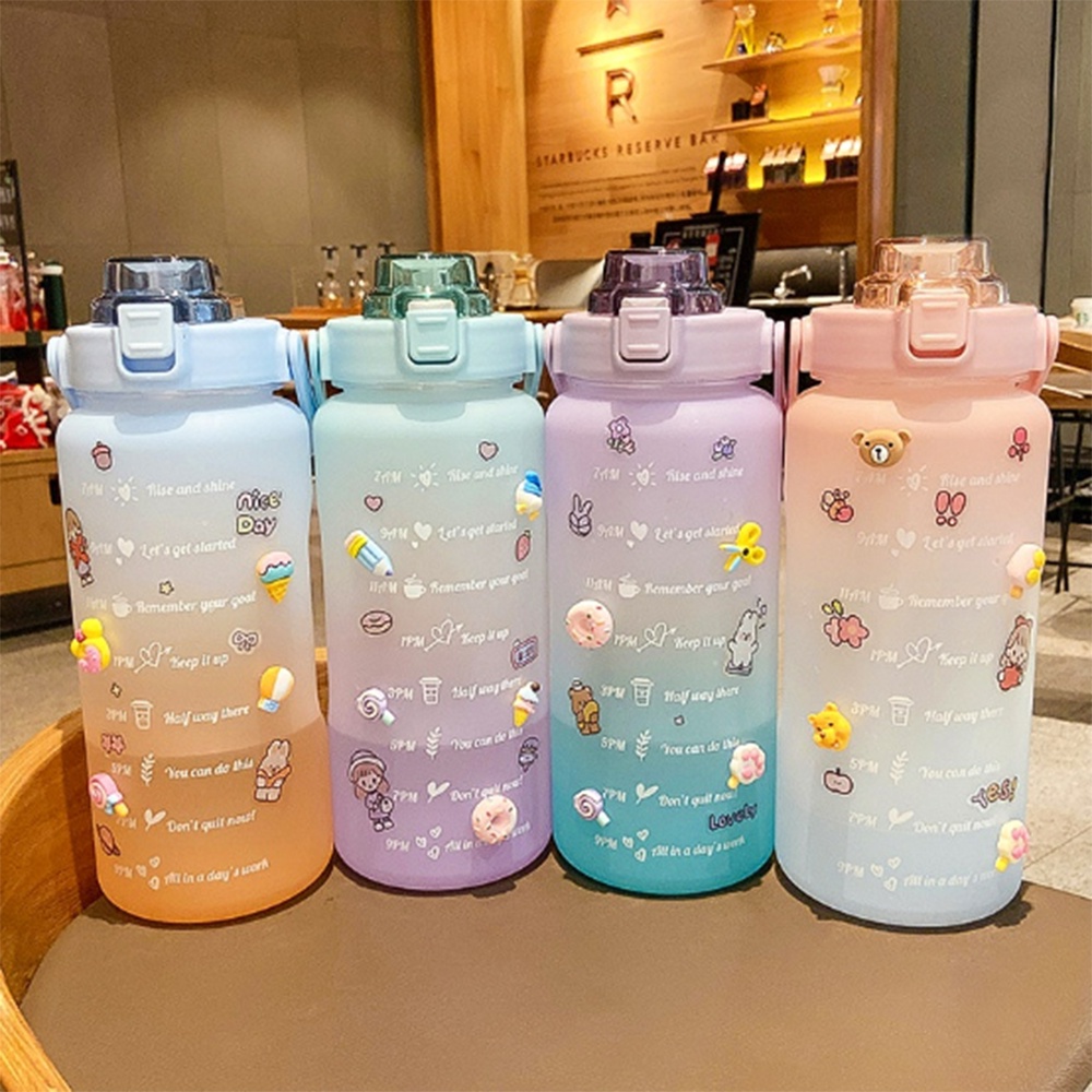 Bình Đựng Nước 2L Dễ Thương Có Vạch Báo Giờ Uống Nước, tặng kèm sticker dành cho người lười uống nước