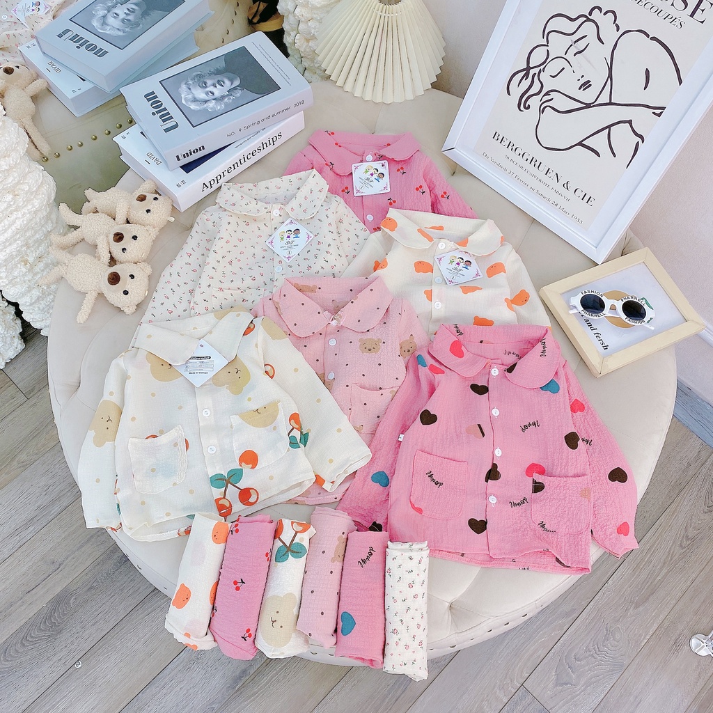 Bộ Dài Tay 2 Túi Xốp Nữ Cho Bé Chất Vải Đũi Xô Nhẹ Nhàng Thoải Mái Size Từ 7-16KG VNXK Nhật-Hàn