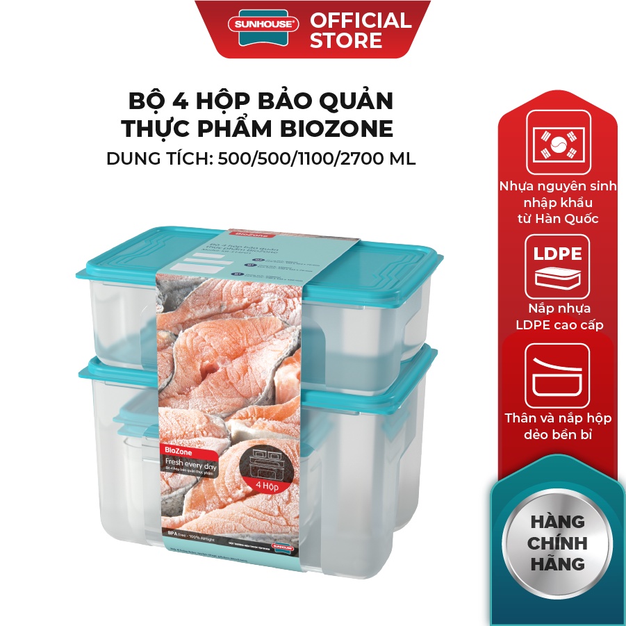 Bộ 4 Hộp Bảo Quản Thực Phẩm BIOZONE SUNHOUSE KB-ST4P01 2700 ml 1100 ml 500 ml