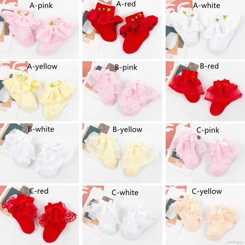 Tất cotton phối ren hoa đính nơ cho bé gái sơ sinh từ 0-1 tuổi