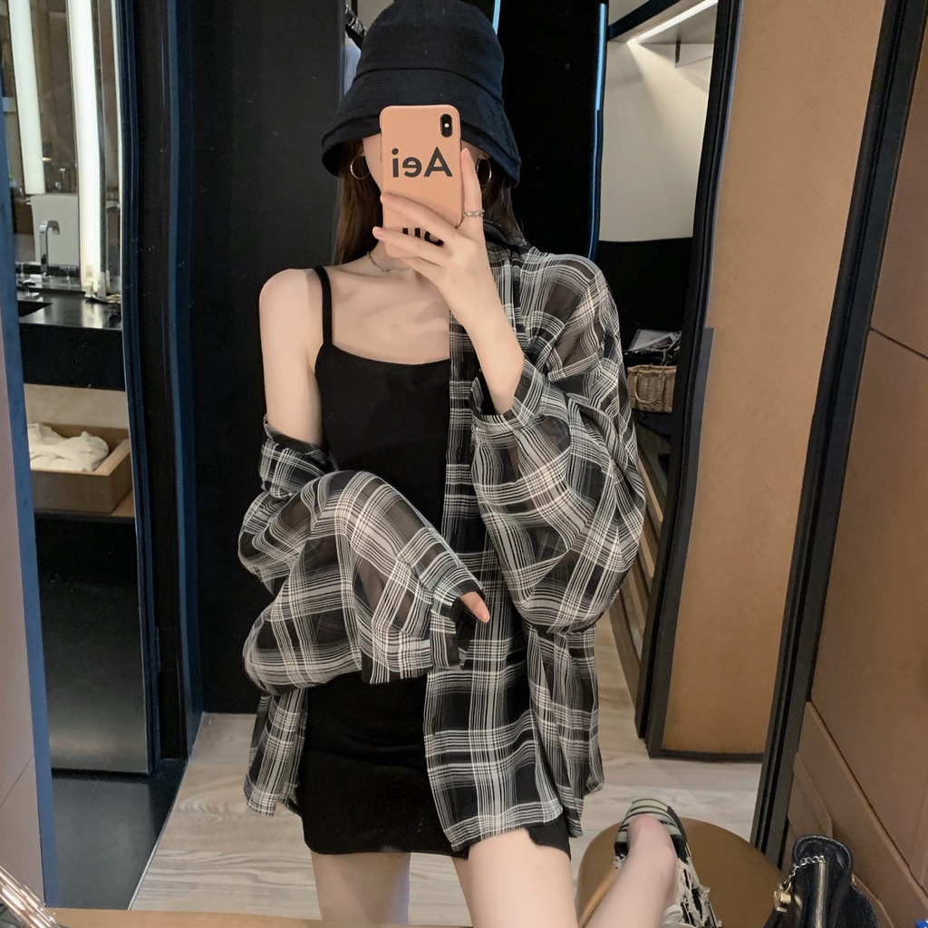 Áo Sơ Mi Nữ Tay Dài Họa Tiết Caro Phong Cách Retro