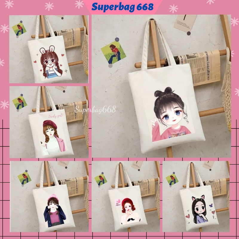 Túi tote túi vải canvas Hàn Quốc hoạ tiết cô gái đựng vừa A4 laptop đi chơi đi học Superbag668 HQ215