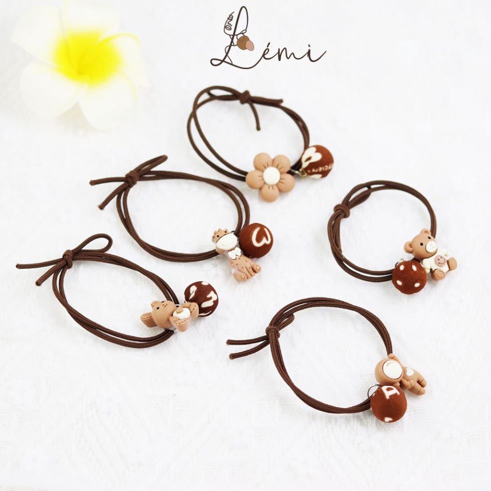 Sét 5 dây buộc tóc nâu, kem nhiều hình ngộ nghĩnh dễ thương dành cho nữ, June accessories