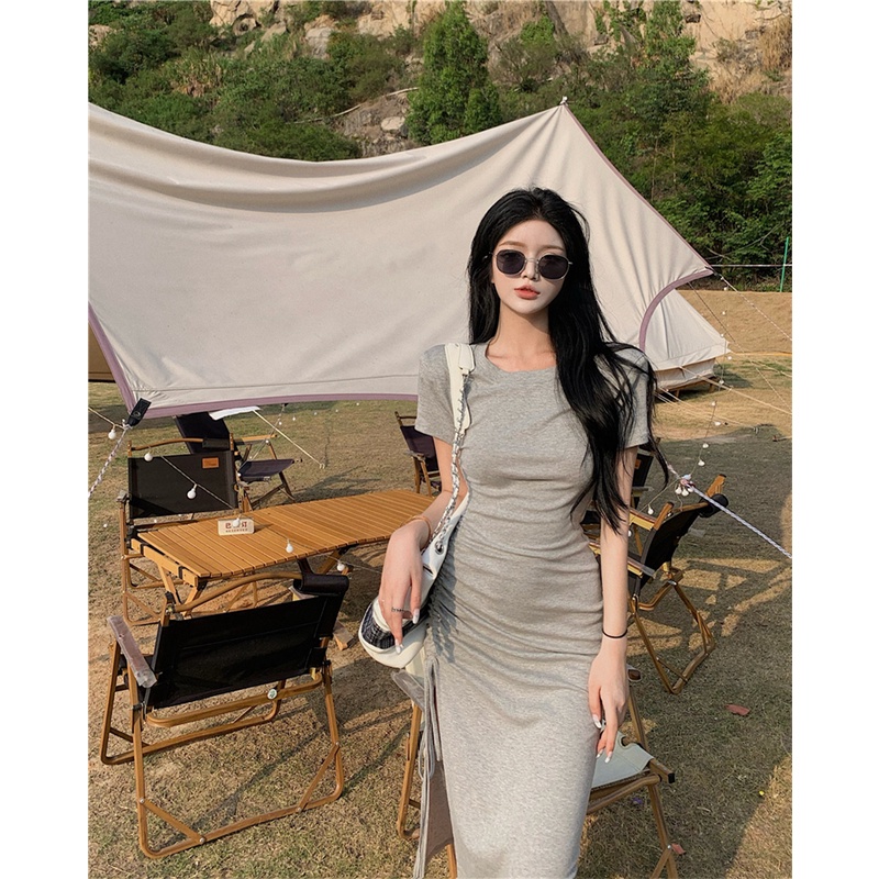 DUNEA Đầm Midi Tay Ngắn Màu Trơn Thiết Kế Xẻ Tà Bên Hông Thời Trang Cho Nữ 3.8