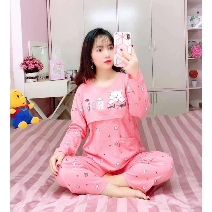 Đồ bộ bầu và sau sinh dài Tay BIG SIZE GẤU vén ngực mặc nhà và cho con bú chất coton đẹp