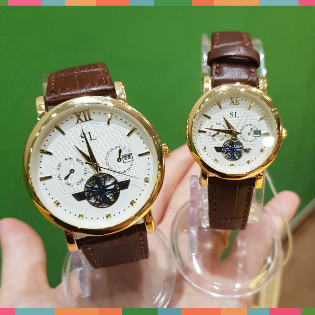 Đồng hồ cặp đôi nam nữ SL dây da viền vàng lộ máy chống nước chính hãng giá rẻ Tony Watch 68