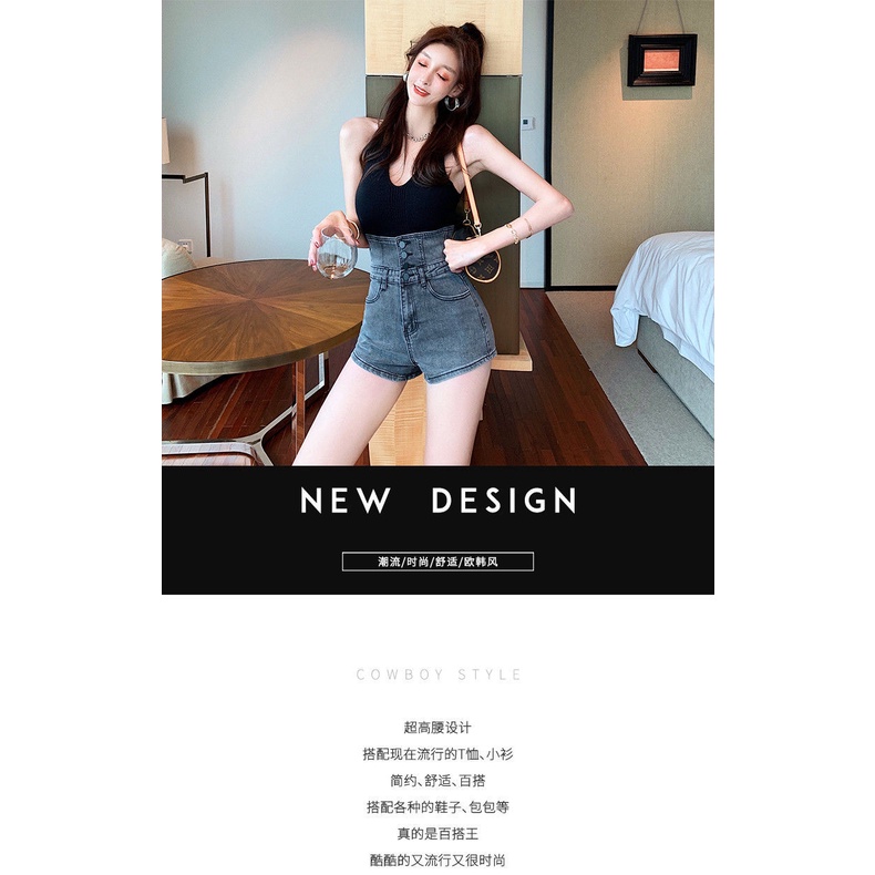 Quần denim ngắn eo siêu cao thời trang mùa hè khoe eo thon gọn chân dài có túi mặt sau dành cho nữ