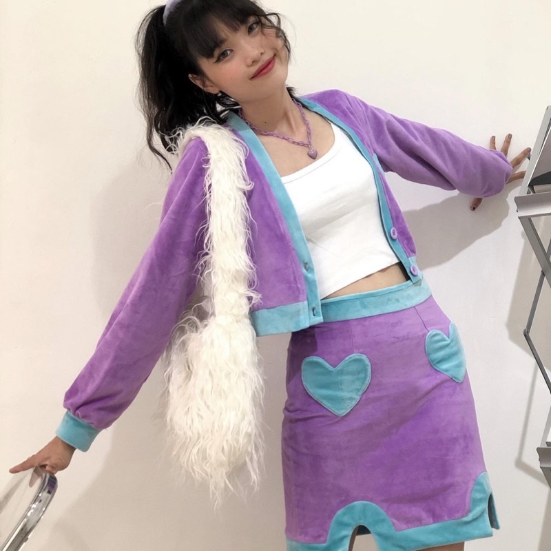 Áo cardigan nhung lông tím xanh
