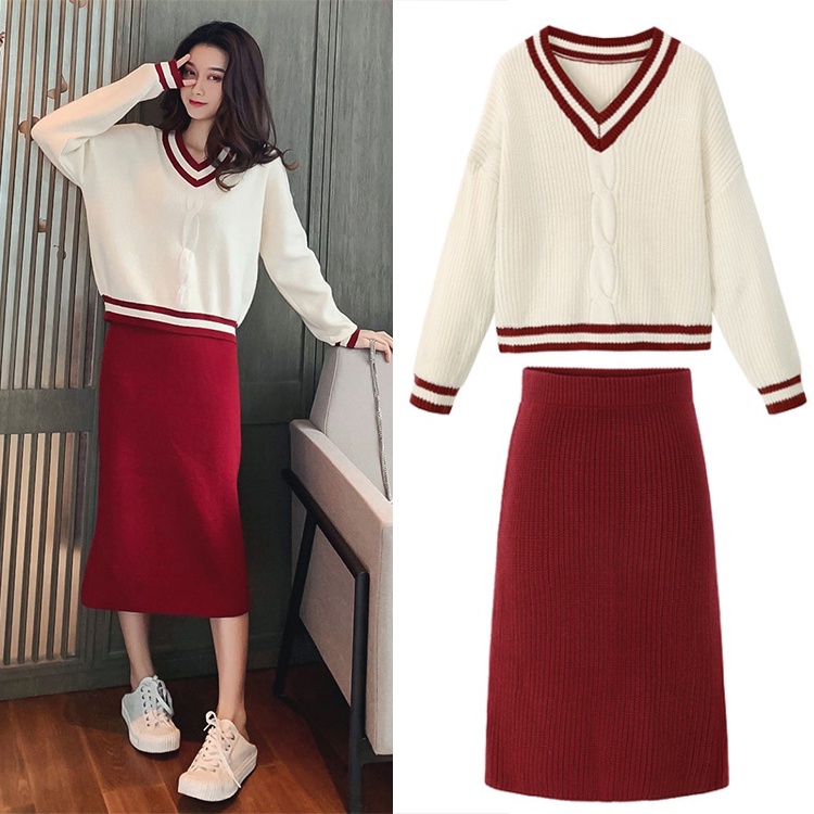 2022 autumn and winter new fashion V-neck long-sleeved pullover sweater + knitted hip skirt Western-style small collocation is tall, fashionable and age-reducing knitted two-piece suit