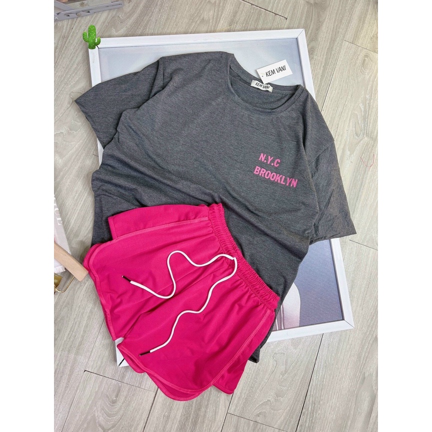 set đồ bộ áo thun form rộng xám hồng in chữ cực hot chất cotton mềm p