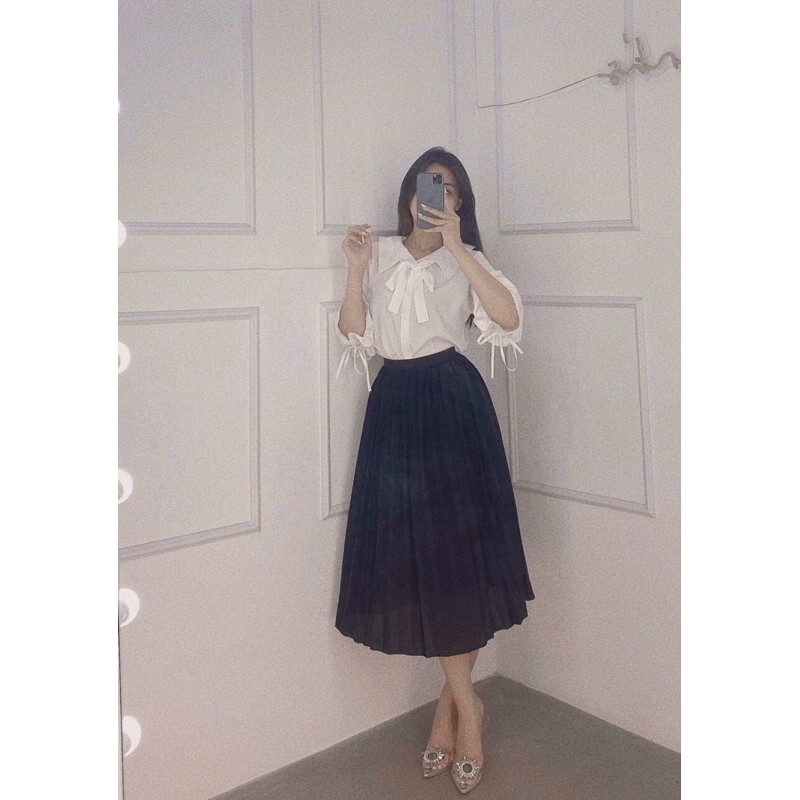 áo sơmi trắng form rộng tay phồng rút dây thắt nơ cổ (ảnh thật) | BigBuy360 - bigbuy360.vn