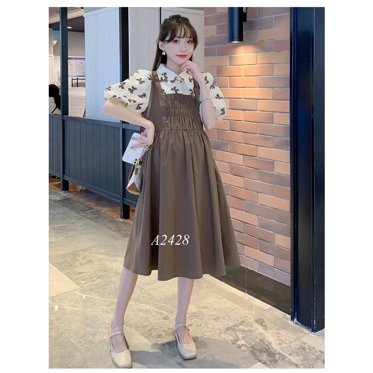 Váy Bầu Đầm Bầu Xinh A2428 nâu áo trắng hoa nâu