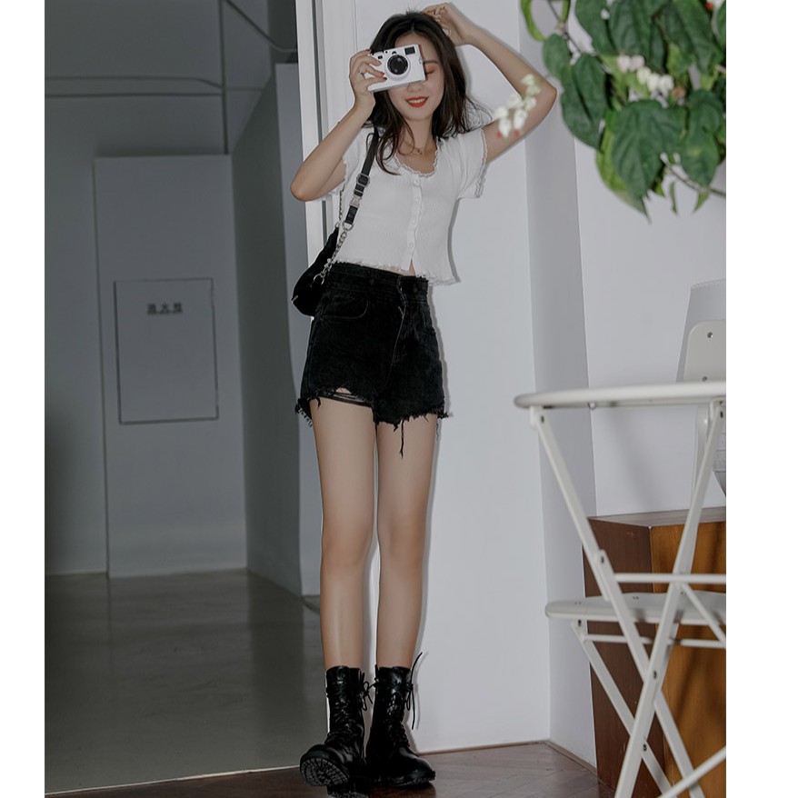 Cocory vn Áo Croptop Dệt Kim Tay Ngắn Phối Ren Phong Cách Hàn Quốc 5 Màu Tùy Chọn