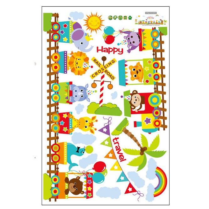Combo 2 Decal dán tường Đoàn tàu thú Happy Travel + Decal Vườn thú tiếng anh