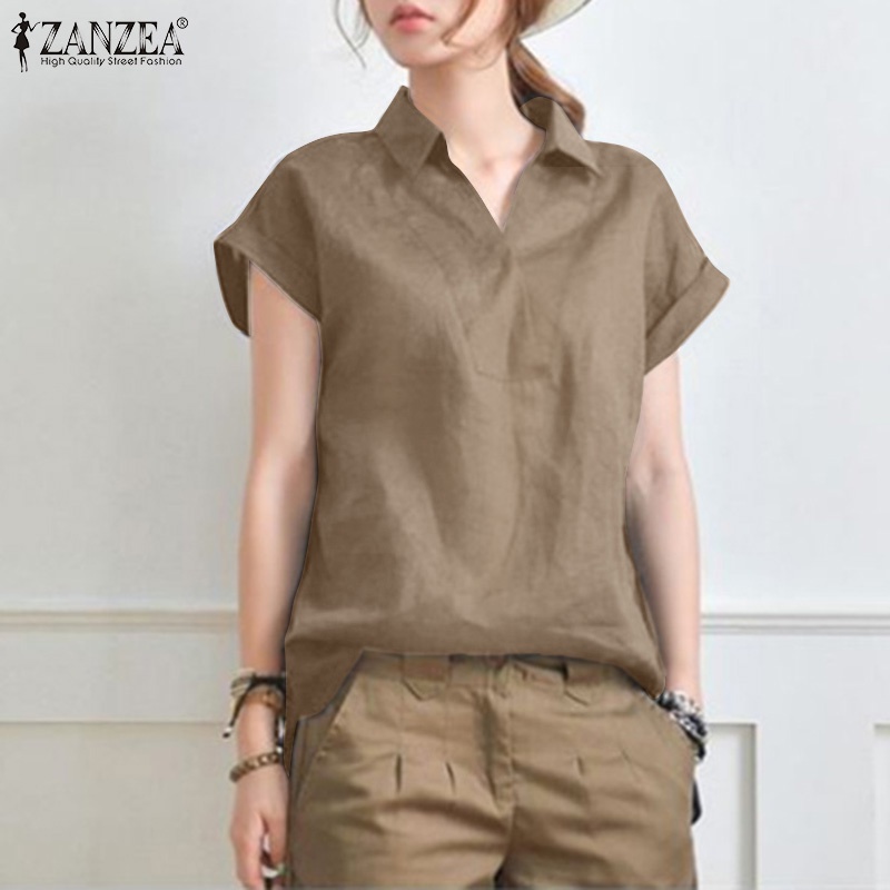 Áo ZANZEA tay ngắn cổ bẻ form rộng chất liệu cotton trẻ trung cho nữ
