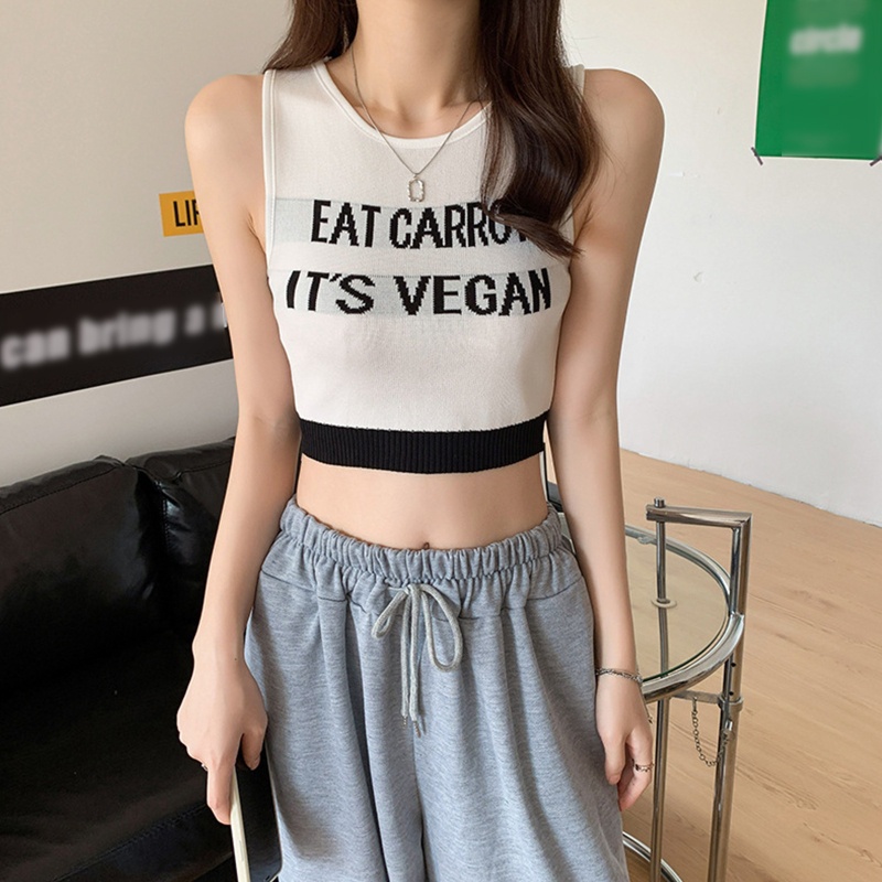 Xiangbao Áo Crop Top Dệt Kim Không Tay Phối Màu Tương Phản In Chữ S Tập Thể Dục Mùa Hè Cho Nữ