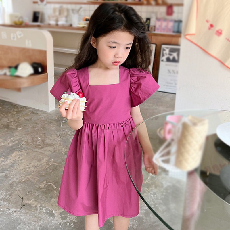 Đầm Công Chúa Tay Ngắn Màu Trơn Phong Cách Hàn Quốc Thời Trang Mùa Hè Cho Bé Gái Se7en