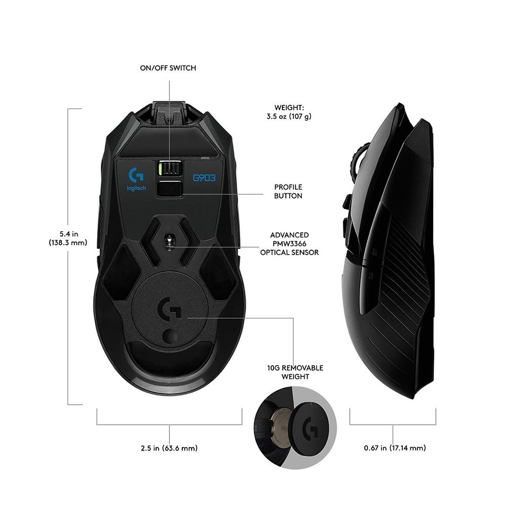 Chuột Gaming Logitech G903 HERO LIGHTSPEED WIRELESS 25,6K DPI - Hàng Chính Hãng