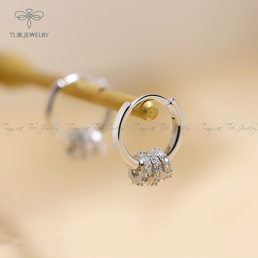 Khuyên tai bạc nữ TLEE tròn trơn mix ba vòng tròn nạm đá NCJ B0113