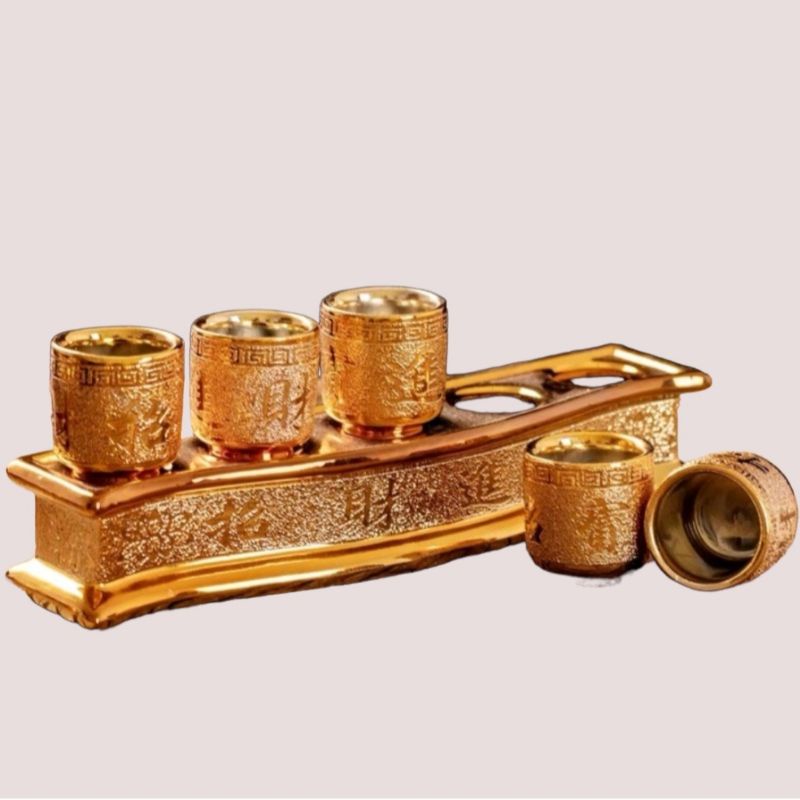Bộ chung nước thờ cúng 3 ly và 5 ly hàng kim sa vàng cao câp-Vật phẩm thờ cúng.
