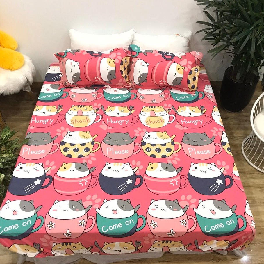 Bộ Ga gối Cotton Poly 3 Món Mẫu Mèo Cốc