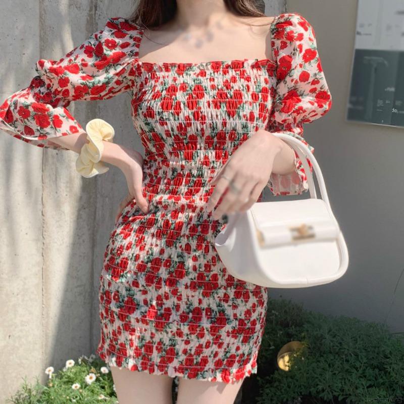 Đầm Hoa Tay Phồng Cổ Vuông Dáng Ôm Kiểu Retro Pháp Thời Trang Mùa Hè Cho Nữ
