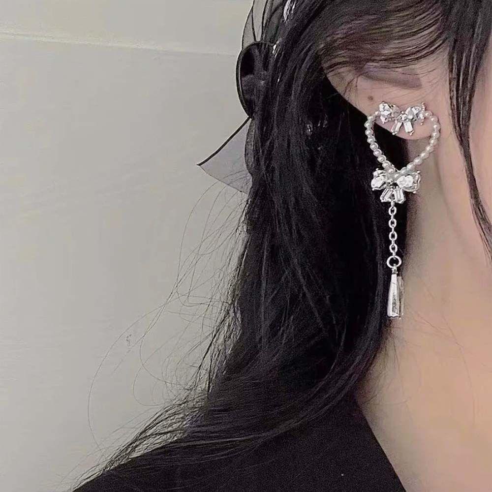 Bông Tai Dáng Dài Hình Trái Tim Lấp Lánh Thanh Lịch Phong Cách Hàn Quốc Cho Nữ