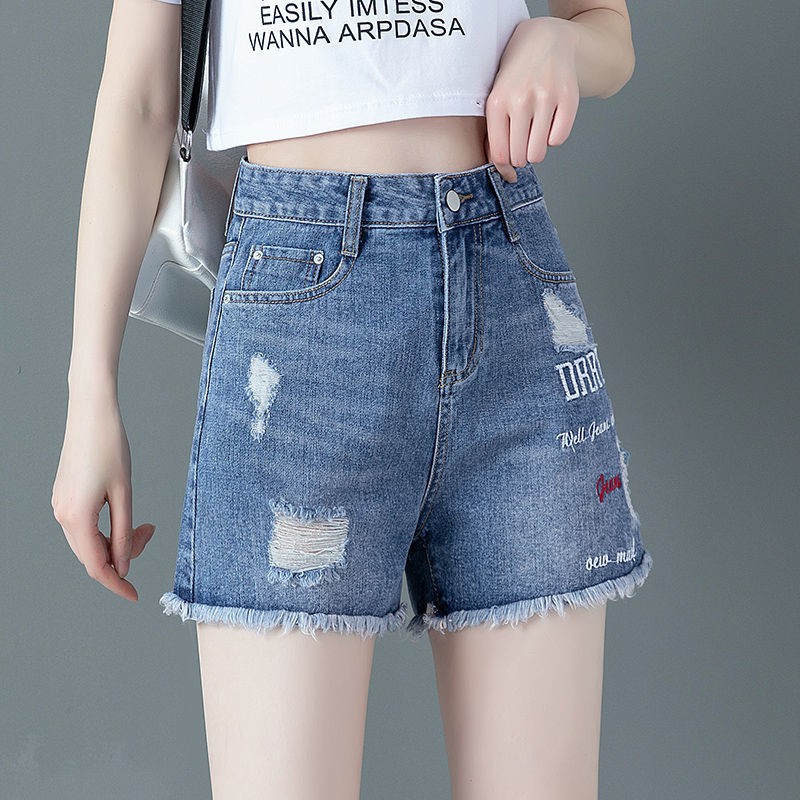 Quần jean✢Ripped quần short denim nữ kiểu mới hàn quốc ống rộng cạp cao rãi size lớn thêu thô cạnh hot