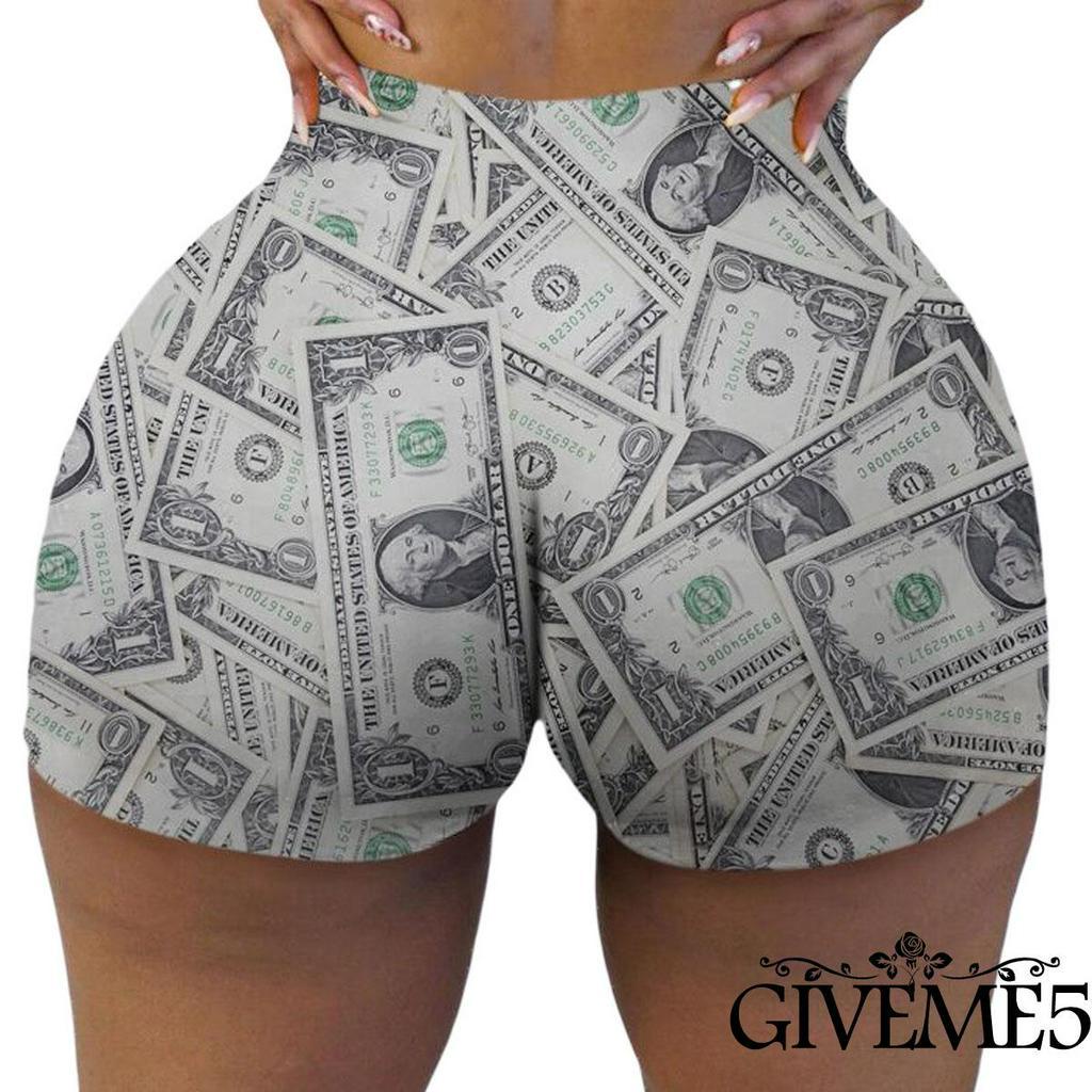 Quần short tập thể dục dáng ôm eo cao in hoạ tiết tiền đô thời trang mùa hè vui nhộn giản dị cho nữ