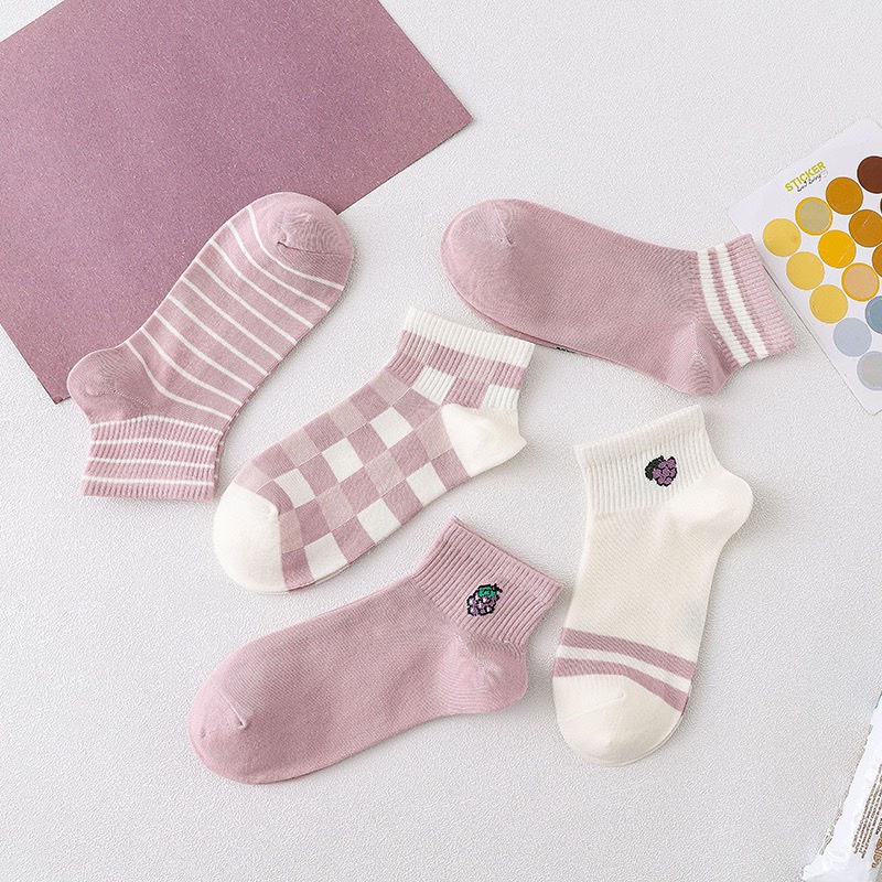 Set 5 đôi tất vớ cổ ngắn họa tiết dễ thương Vintage nhiều kiểu chất liệu cotton kháng khuẩn LUCIA SISTER T06