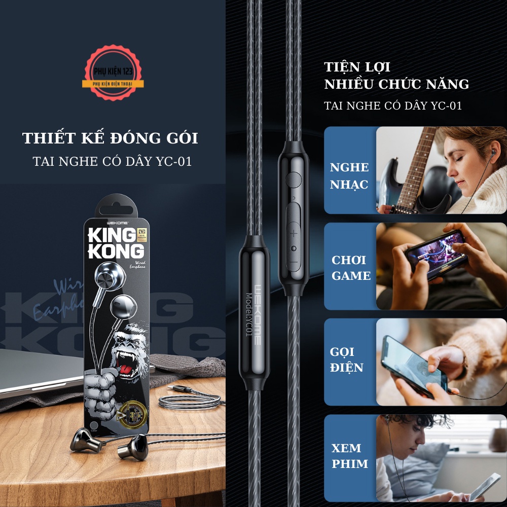 Tai nghe có dây King Kong Wekome YC 01 âm thanh chân thực khi nghe nhạc, chơi game