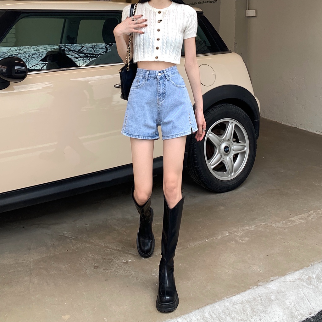 Quần short denim Xiaozhainv lưng cao ống rộng xẻ tà thời trang mùa hè cho nữ