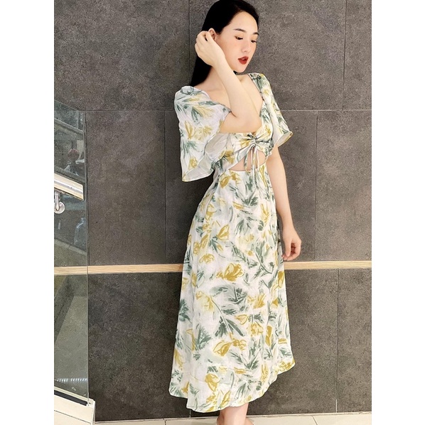 Váy đầm maxi xẻ tà hoạ tiết hoa nhí vải linen hàng xuất dư xịn