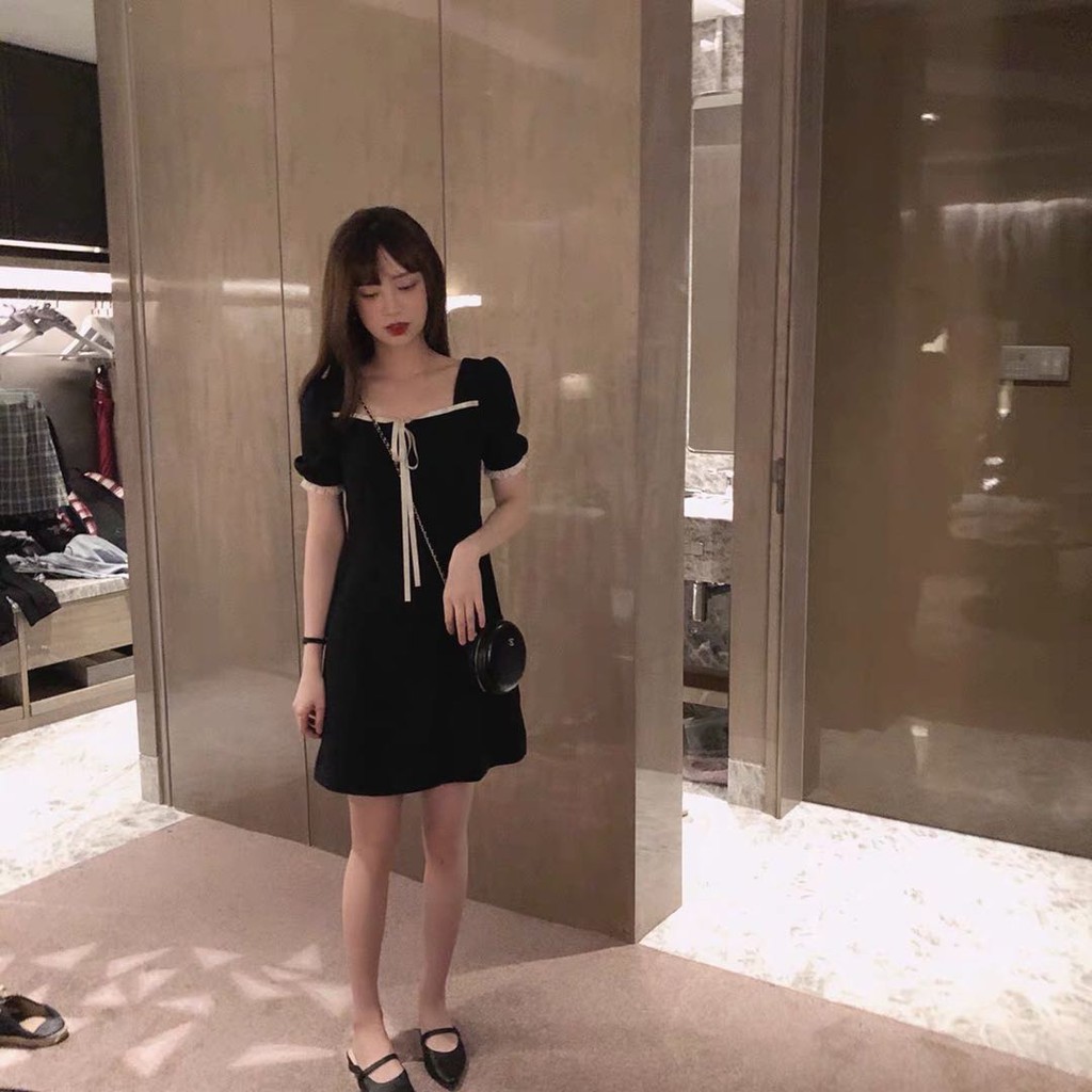 Đầm Xòe Cổ Vuông Thắt Nơ Eo Xinh Xắn Cho Nữ