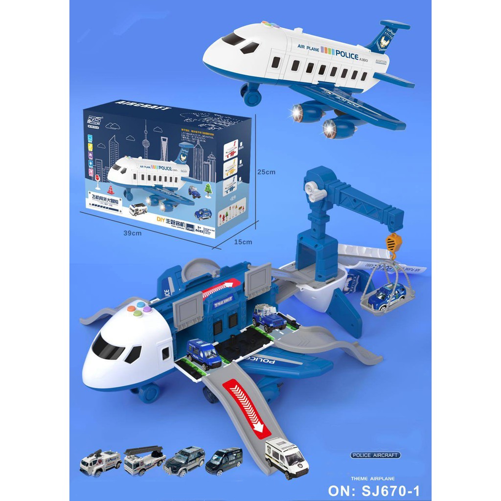 Bộ đồ chơi máy bay biến dạng chạy đà, tặng kèm 3 oto 1 máy bay mini kèm 3 pin