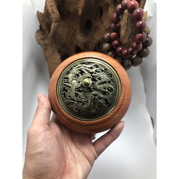 Lư xông trầm gỗ hương rộng 11,5 cm cao 7 cm - nắp rồng phượng - đế sen vàng