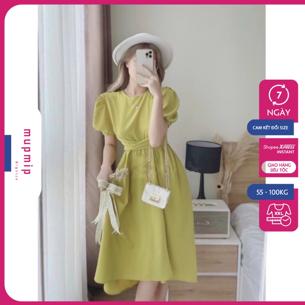 Đầm Bigsize Nữ Thiết Kế Hiện Đại Tay Bồng Cổ Tròn Dáng Xoè Có Nơ Thắt Eo Cực Xinh Có 3 Màu Đen Trắng Xanh Mupmip D940