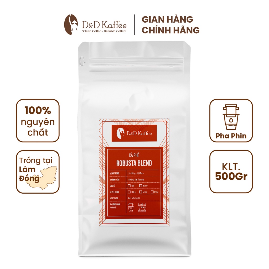 Cà phê Robusta Blend Gói 500gr, Cà phê nguyên chất 100% rang mộc - D&amp;D Kaffee