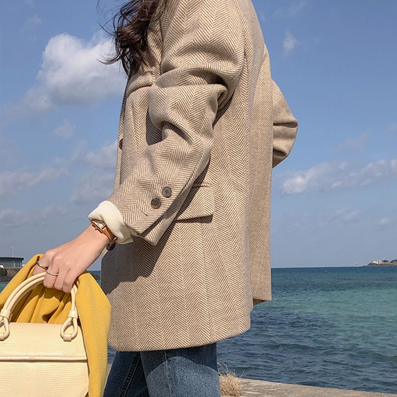 [Spot] Áo Khoác Len Dáng Rộng Họa Tiết Xương Cá Phong Cách Đường Phố Hàn Quốc ins Cho Nữ