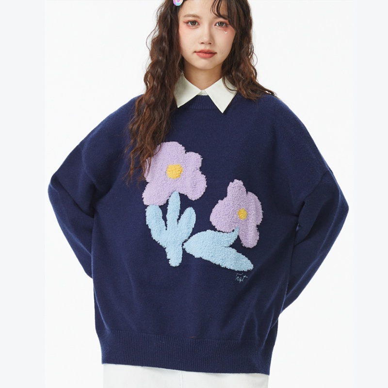 Áo sweater IELGY dệt kim cổ tròn in hoa phối màu tương phản dễ thương cho nữ