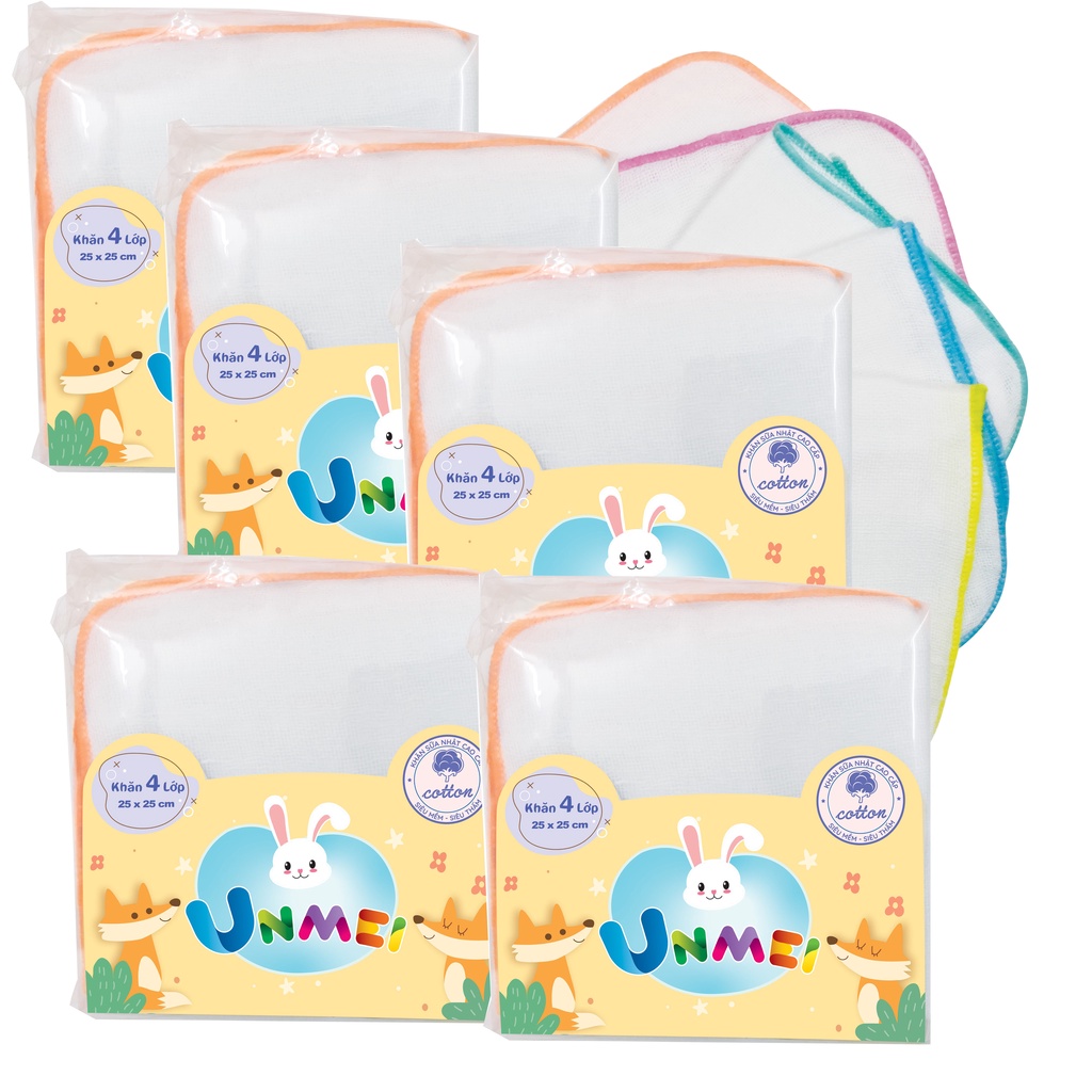 Gói 50 Khăn sữa vải gạc Unmei Dày 4 lớp 25x25cm 100% cotton (Đồ dùng vệ sinh cho bé) - Bịch 10 Cái x 5 Bịch