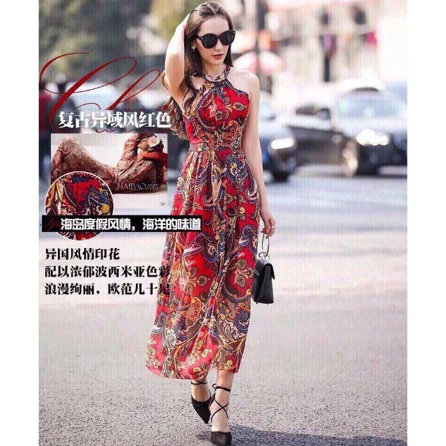 Đầm maxi họa tiết đỏ